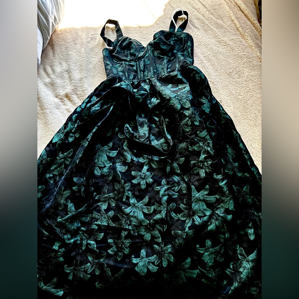 Lulu's Black and Teal Floral Velvet Fit-and-Flare Dress